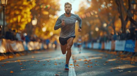 Marathon running race, people on city street jogging workout wellness conceptの素材