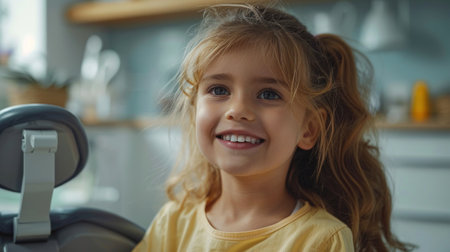 portrait of smiling little girl looking at camera in kitchen at homeの素材