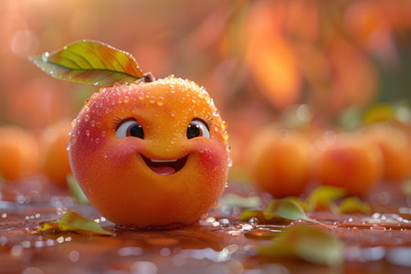 Funny smiling apricot with water drops on a blurred backgroundの素材