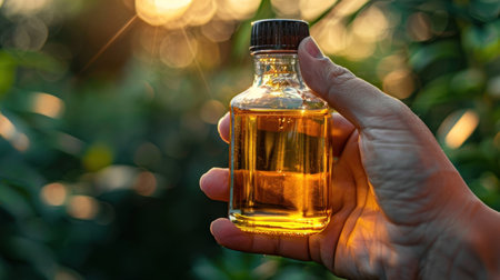 Aromatherapy oil in bottle in hand on natural background.の素材