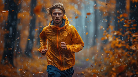 Young man running in autumn forest with yellow leaves and rain drops.の素材