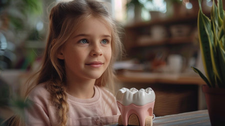 Portrait of a cute little girl sitting at the table and holding a piggy bankの素材