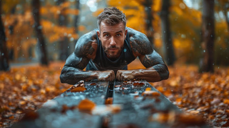 Man doing push-ups on bench in autumn forest. Muscular man doing push-ups outdoors.の素材