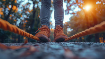 Close-up of woman legs walking on rope bridge in autumn parkの素材