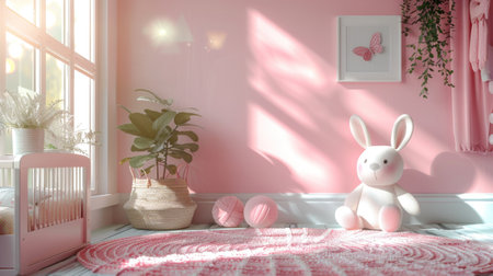 pink baby room interior with a cute bunnyの素材