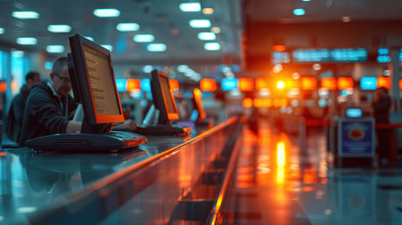 Airport check-in counter with blurred people in airport terminal backgroundの素材
