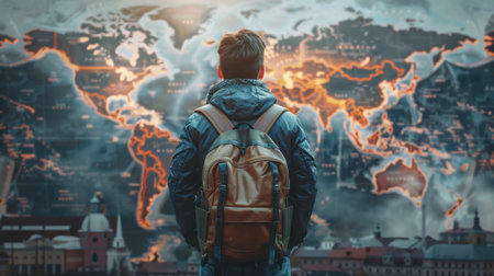 Traveler with backpack standing on the background of the world map.の素材