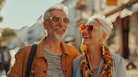 Portrait of a senior couple in sunglasses walking in the city.の素材