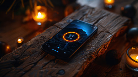 Smartphone with the app 5G on the screen. Nearby are burning candles.の素材