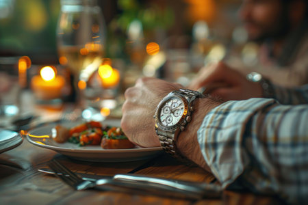 Man sitting at table in restaurant and looking at watch, closeupの素材