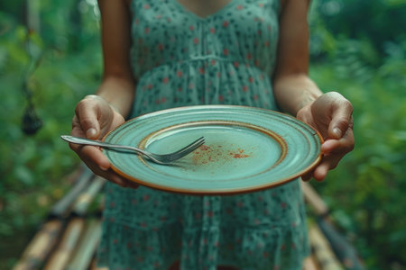 Woman holding empty plate with spoon and fork in her hands. Selective focus.の素材