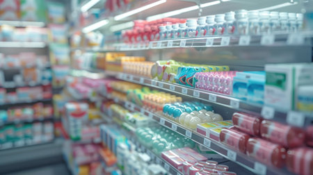 Supermarket shelves filled with different products. Blurred background, bokeh.の素材