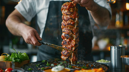 Chef preparing delicious shish kebab on barbecue grill in restaurantの素材