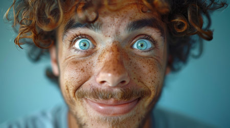 Close up portrait of a young man with freckles on his face.の素材
