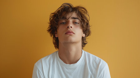 Portrait of a handsome young man in a white T-shirt on a yellow backgroundの素材