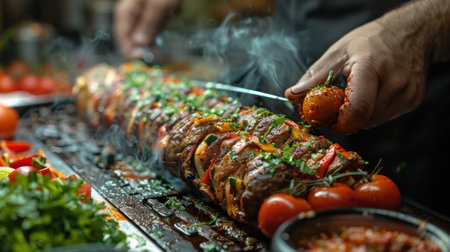 Close-up of male hands cooking lamb kebab with vegetablesの素材