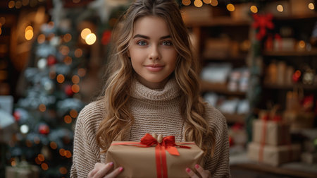 beautiful young woman holding christmas gift box and looking at cameraの素材