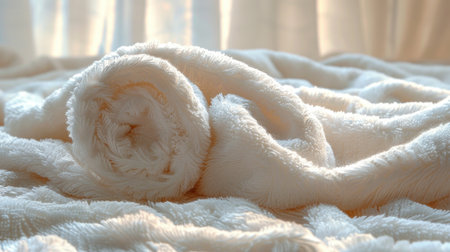 White towel on the bed in the bedroom. The concept of relaxation.の素材