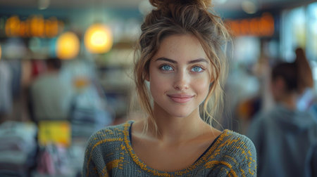 Portrait of beautiful young woman with blue eyes looking at camera in cafeの素材