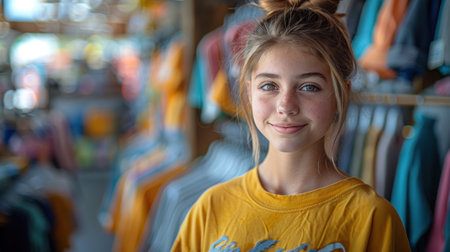 Portrait of a boy in the shop of sports shoes and sneakersの素材