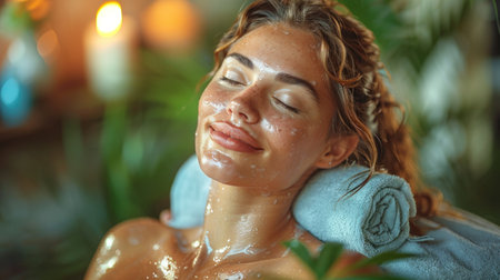 Beautiful young woman relaxing in spa salon. Beauty treatment concept.の素材