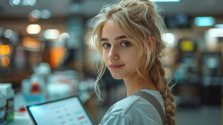 beautiful smiling young woman using laptop while sitting on sofa at homeの素材