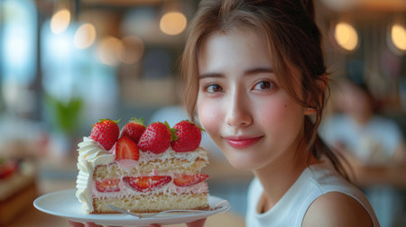 Portrait of smiling young woman holding gift box in bakery shop.の素材