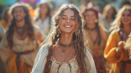 Portrait of beautiful young hippie woman smiling and looking at cameraの素材