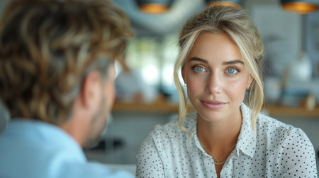 Close-up of young woman looking at camera while talking with man in cafeの素材