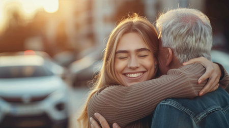 Beautiful young woman embracing her husband and smiling while standing on the streetの素材