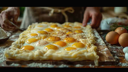 Preparing homemade pie with egg yolks on a wooden boardの素材