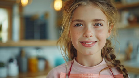 Portrait of cute girl with braids smiling at camera in kitchenの素材