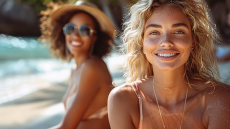 Beautiful women in swimsuits smiling and looking at camera on beachの素材