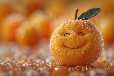 smiling orange fruit with water droplets on the background of yellow apricotsの素材