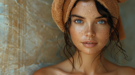 Portrait of a beautiful young woman in a straw hat with wet hairの素材