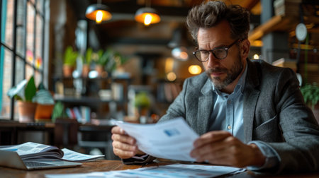 Serious mature man in eyeglasses sitting at table and reading documents in cafeの素材
