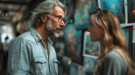 Portrait of senior man and woman looking at each other in museumの素材