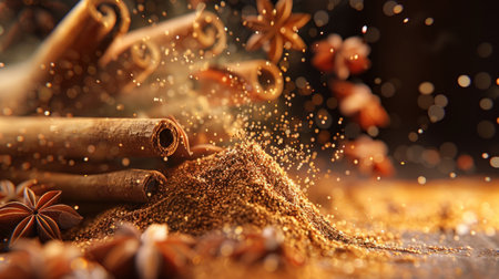 Cinnamon sticks, star anise and powder on wooden background.の素材