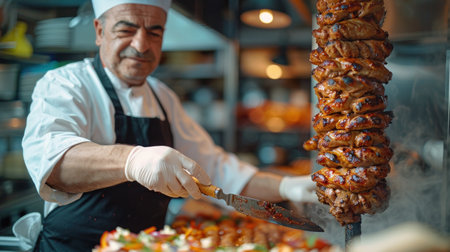 Close-up of a professional chef in a white apron and gloves holding a knife and preparing a delicious kebab.の素材
