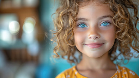 Portrait of a cute little girl with curly hair looking at cameraの素材