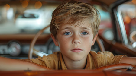 Portrait of a boy in a car. Close-up.の素材