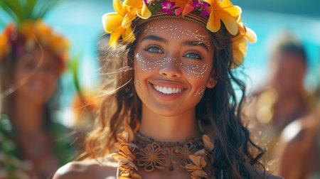 Beautiful young woman in floral wreath smiling and looking at cameraの素材