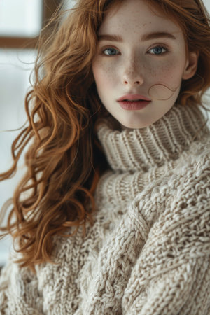 beautiful redhead girl with freckles on face in sweater looking at cameraの素材
