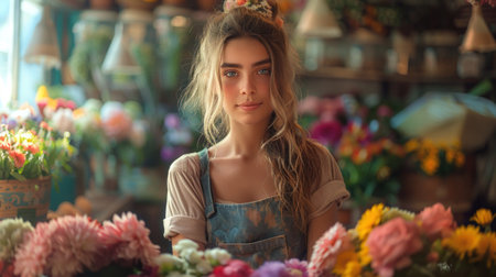 Portrait of beautiful young woman florist in flower shop.の素材