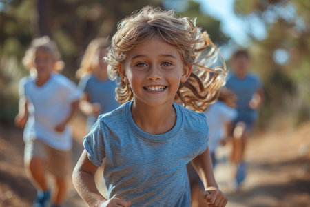 Portrait of smiling boy running in forest during obstacle course in boot campの素材