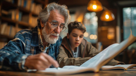 Senior man and his grandson studying together in the library. Selective focus.の素材