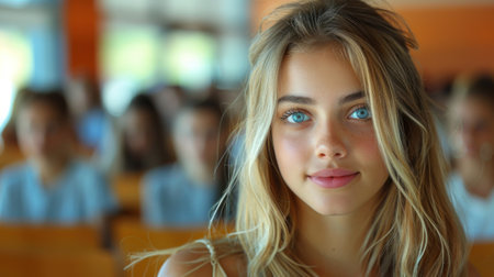 Portrait of a pretty young woman with long blond hair in the classroomの素材