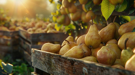 Ripe pears in a wooden box on the background of a beautiful sunset.の素材