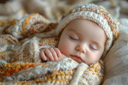 Cute newborn baby girl sleeping in knitted hat and scarf.の素材