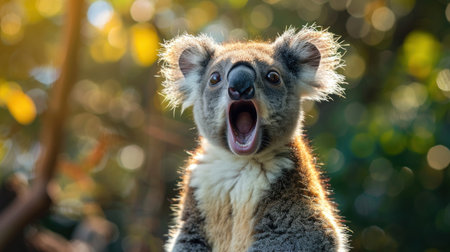 Portrait of a cute koala with open mouth on a sunny dayの素材